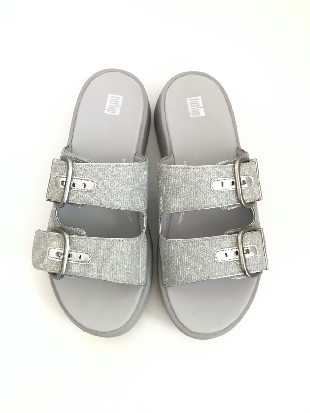 FITFLOP F-MODE Buckle Shimmerlux Flatform Two Bar Slide Sandals Silver Size 9